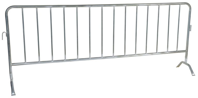 The Vestil Galvanized Barrier W/Curved Feet includes hooks and vertical bars for stability, supported by flat legs, making it perfect for crowd control.