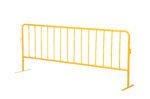 The Vestil Hd Yellow Barrier W/Flat Feet is a durable crowd control tool with stable vertical bars, ideal for events or construction sites to guide or restrict pedestrian movement and ensure safety.