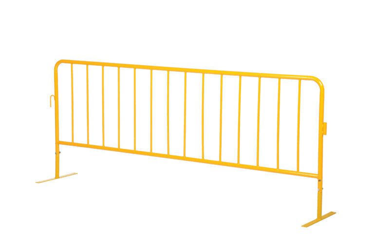 The Vestil Hd Yellow Barrier W/Flat Feet is a durable crowd control tool with stable vertical bars, ideal for events or construction sites to guide or restrict pedestrian movement and ensure safety.