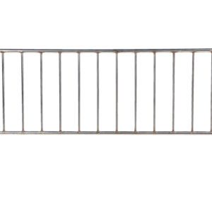 The Vestil Ss Barrier W/Curved Feet 1-1/4 In is displayed upright against a white background with silver metal vertical bars and curved feet, offering sturdy stability for effective crowd control.