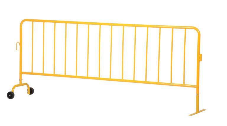 The Vestil Yellow Barrier W/1 Wheel, 1 Flat features a sturdy flat design with vertical bars, two supportive feet, and a single wheel for easy mobility.