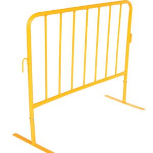 The Vestil Yellow Barrier 48 W/Flat Feet is a vibrant yellow metal barricade with vertical bars and two flat feet for stability. It includes a hook latch on the side, making it perfect for crowd control or designating restricted areas with its simple and functional design.