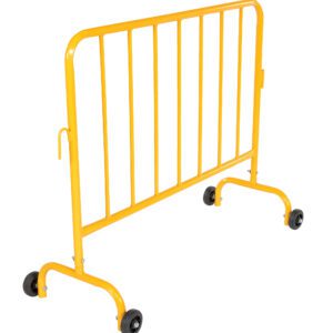 The Vestil Yellow Barrier 48 (W/Wheeled Feet) features a metal frame with vertical bars, a connecting hook for multiple units, and a slight right angle for stability on flat surfaces. Its perfect for effective crowd control.
