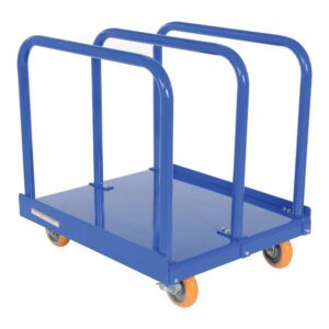 The Vestil Heavy Duty Panel Cart 4K 6X2 Poly (Orange) features a sturdy blue steel design with four orange wheels and three vertical handles, easily supporting up to 4K loads.