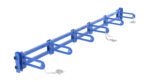 The blue industrial safety barrier gate, with horizontal arms and securing chains, is designed to control access. It mirrors the robust efficiency of a Vestil Vertical Bar Storage Rack in both form and function.