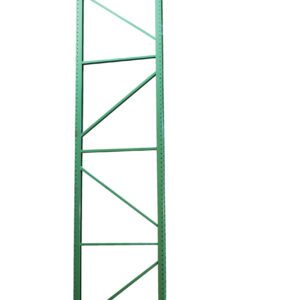A tall, green metal shelving bracket with multiple horizontal bars and diagonal supports on a white background resembles the robust design of the Vestil Pallet Racking - Frame 24,000 216 X 42.
