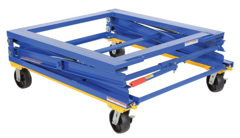PS-4045-CK_A.jpg The Vestil Adjustable Pallet Stand, capable of holding 1500 lbs, features a blue and yellow scissor lift design with four black casters for efficient heavy item lifting and moving.