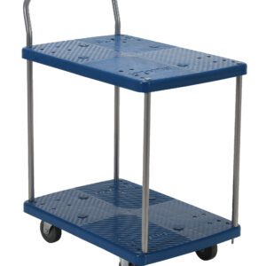 The Vestil Plastic Platform Truck-2 Shelf 500 Lb, in blue, includes two ribbed platforms for added grip, metal handles, and four swivel wheels, ideal for transporting items across various settings.