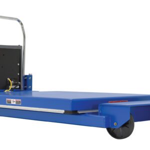 The Vestil HD Portable Scissor Lift Table 2K 46 In is a blue electric lift cart with a flat platform, black wheels, and a metal handle. It includes a yellow coiled cable connected to the control box on one side.