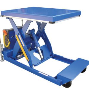 The Vestil HD Portable Scissor Lift Table 3K 58 In is a blue hydraulic lift with a sturdy frame, visible hydraulic parts, and wheels for easy mobility, ideal for effortlessly elevating heavy items.