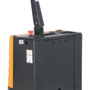 The control unit of the Vestil PST Power Traction Drive System electric pallet truck includes a black vertical handle with multiple buttons, including a red emergency stop. Its compact design and yellow-orange edged base enhance efficiency in warehouse operations.