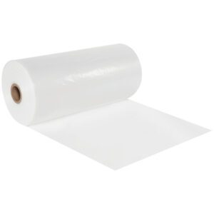 An unrolled large roll of MH-USA 2 x 1075 - 4 Mil Poly Tubing (1075/Roll) reveals its smooth, shiny surface, set against a plain white background, highlighting its impressive length and durability.