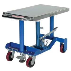 The blue Vestil Low Profile Post Lift Table 1000 Lb features a metallic platform and handle, four caster wheels for mobility, and a foot-operated lever for lifting. It includes a height-adjustable mechanism within its sturdy frame.