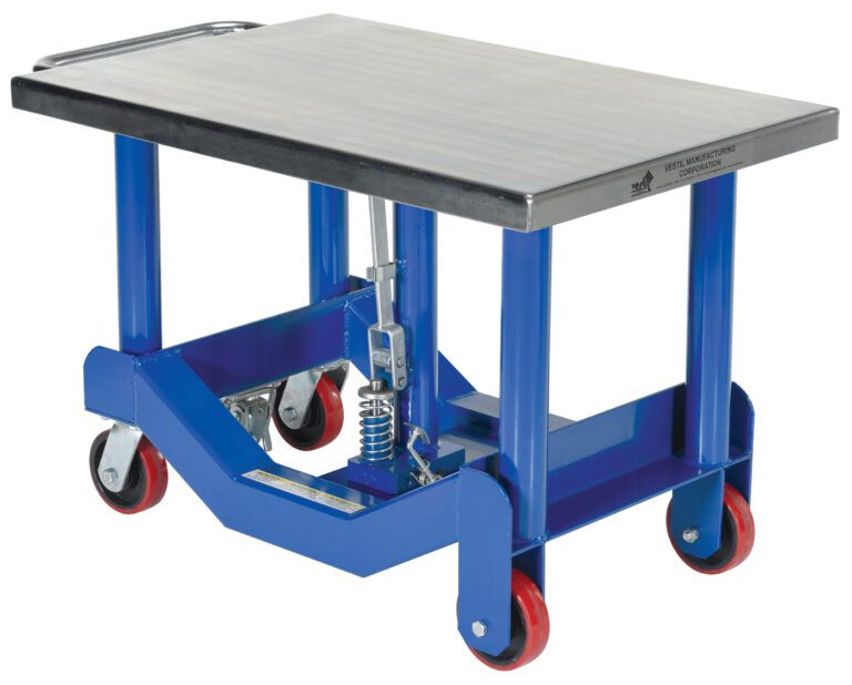 PT12-40_A.jpg The Vestil Low Profile Post Lift Table 4000 Lb has a blue hydraulic lift, flat metal top, and red caster wheels for stability and easy movement on a sturdy frame.