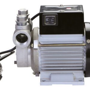 This Vestil Continuous Duty Pump features a metallic body, black cover, top power switch, and includes a cable with black plug. It also has a cylindrical component on the right and rests on a sturdy mounting base.
