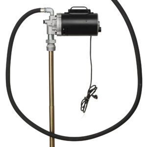 The Vestil Electric Oil Pump offers up to 4.4 GPM with a 115V AC motor in black, featuring a long hose, a red control lever on the dispensing nozzle, and an extended power cord. Its metallic intake tube is perfect for drum insertion, ensuring efficiency and practicality.