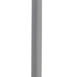 A tall, thin metallic object resembling the Vestil PVC Corner Guard Round in gray stands vertically against a plain white background, with a smooth surface and slight reflectiveness highlighting its sleek design.