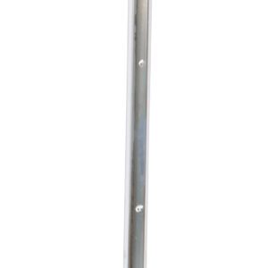 The Vestil White PVC Corner Guard with an aluminum insert, 2 inches wide, acts as a sleek metallic strip adorned with evenly spaced screws, displayed vertically against a plain white background.