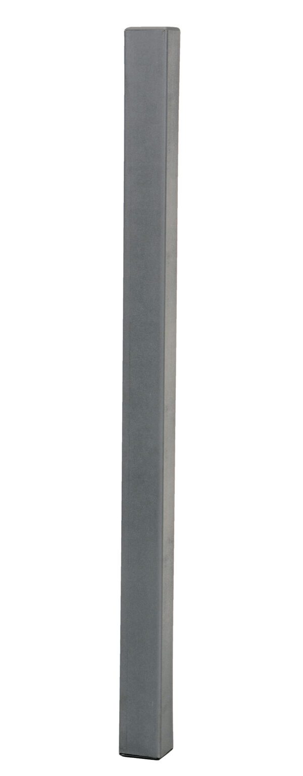 A tall, slender, rectangular gray pillar against a white backdrop resembles the elegant Vestil Gray PVC Corner Guard W/Alum Insert 3In, combining style and functionality.