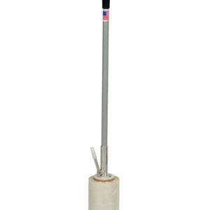 The Vestil Hand Operated Quick Wrapper 60 In has a long metallic handle with a black grip, an American flag detail, and holds a translucent, partially used stretch film roll at the base, making it perfect for wrapping items.