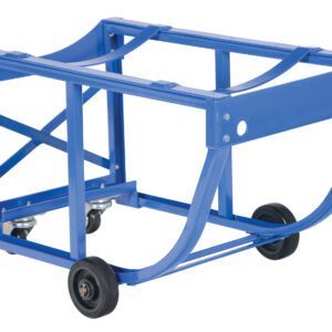The Vestil Rotating Drum Cart Polyolefin 800Lb features a blue, metal frame with reinforced support bars. It is equipped with two black wheels at the back and two Polyolefin swivel casters up front, making it perfect for efficiently transporting heavy items up to 800 lbs.