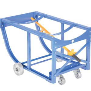 The Vestil Rotating Drum Cart Steel Wheels 800Lb, made of durable steel, features four wheels, a yellow support bar, and a handle for easy steering, allowing you to maneuver large cylindrical objects up to 800 lbs effortlessly.