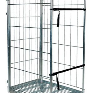 A metal wire cage trolley, like the Vestil Galv Nestable Roller Container 28.25X69.5, features a rectangular base with four wheels, vertical grid walls, and two horizontal black straps for securing items. It stands upright and empty, ready for use.
