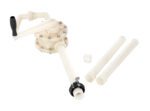 The Vestil Ptfr Manual Drum Pump, hand-operated with a black handle and cream body, features a rotary mechanism, extended side nozzles, and includes three detachable pipes plus a connector piece.
