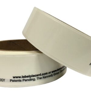 Two rolls of white adhesive tape at angles—one standing upright, the other leaning sideways—feature black text along the bottom edge, resembling labels for Vestil Industrial Racking Labels 1 In 5 Pcs, ideal for any workspace setup.