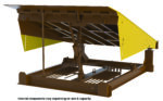 The Vestil Pull Chain Mech Dockleveler 50K 6X6 Ft features a yellow hinged platform, partially raised with a pull chain mechanism. Its sturdy base, with metal components and springs, adjusts for height and supports up to 50K. Internal components vary based on size and capacity.