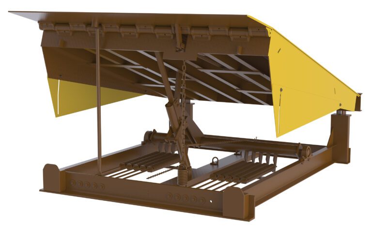 The image displays a Vestil Pull Chain Mech Dockleveler 20K 6X8 Ft, with a brown and yellow mechanical design and hinged platform. Supported by metal beams, its elevated platform exposes the hydraulic mechanism underneath.