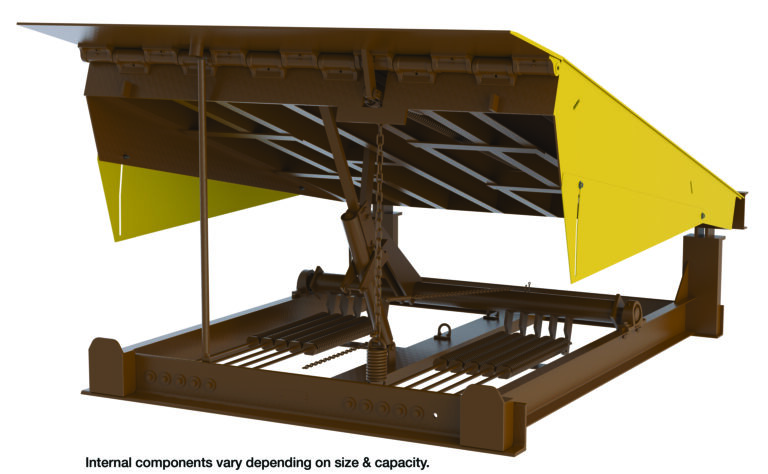 The brown Vestil Pull Chain Mech Dockleveler 40K 7X10 Ft features a raised yellow platform, sturdy metal beams, and spring mechanisms. Its optimal for 7x10 ft spaces with internal components varying by size and capacity.