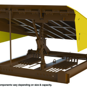 The Vestil Pull Chain Mech Dockleveler 35K, measuring 7X5 ft, features a large metal frame with a brown frame and raised yellow platform. It includes internal springs and support bars. Note: Internal components vary depending on size & capacity.