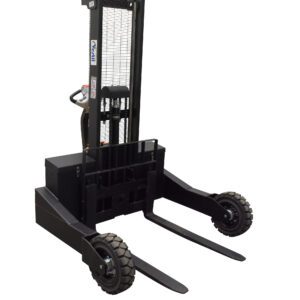 The Vestil Rough Terrain Stacker 62 Raised Height 3000# is a black, compact electric stacker with a 62 lift and 3000# capacity, featuring two wheels, two forks, a handle, control panel, and safety screen on the mast for moving pallets.