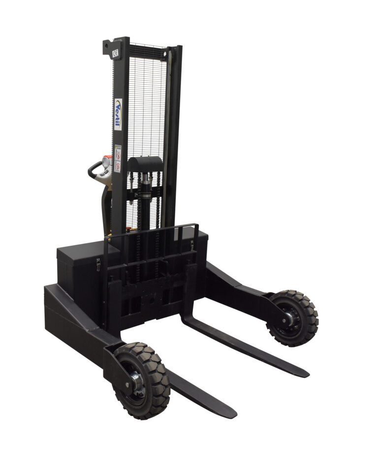 The Vestil Rough Terrain Stacker 62 Raised Height 3000# is a black, compact electric stacker with a 62 lift and 3000# capacity, featuring two wheels, two forks, a handle, control panel, and safety screen on the mast for moving pallets.