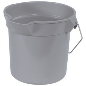 The Rubbermaid® Utility Bucket with Spout - 10 Quart is shown in gray plastic and equipped with a metal handle. Its features include a pouring spout, reinforced rim, and smooth cylindrical shape standing empty.