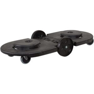 The Rubbermaid® Brute® Tandem Dolly is a black plastic dolly with an elongated base, four wheels (two large, two small), and two circular platforms for stability, ideal for moving large items or packages.