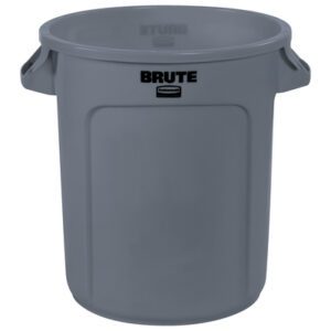 Displayed is a 10-gallon, gray Rubbermaid® Brute® Trash Can with side handles and BRUTE prominently featured on the front.