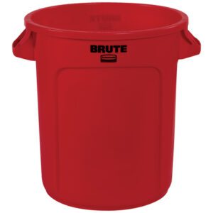 The Rubbermaid® Brute® Trash Can - 10 Gallon, Red features a sleek cylindrical design with side handles and BRUTE in bold black on the front, ensuring durability.