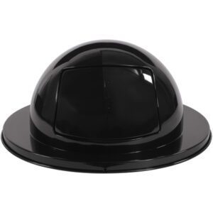 The Rubbermaid® Brute® Steel Dome Lid - 55 Gallon, Black, offers a sleek dome-shaped design with a swing door for waste disposal, combining functionality and style in any setting.