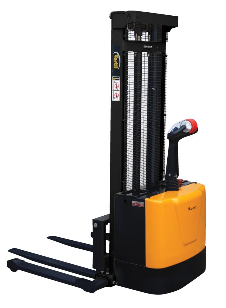 S-118-AA_A.jpg The Vestil Adjust Powered Lift Stacker 118In Raised has a black mast, yellow body, two metal forks, and a red-handled control lever, ideal for maneuvering pallets efficiently in warehouses or storage facilities.