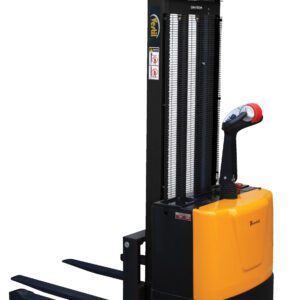 The Vestil Adjust Powered Lift Stacker 118In Raised has a black mast, yellow body, two metal forks, and a red-handled control lever, ideal for maneuvering pallets efficiently in warehouses or storage facilities.