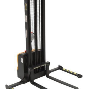 The Vestil Stacker Dbl Mast 150 In Adjustable 2.2K boasts a black and yellow design, dual forks for pallet lifting, vertical support bars, and an easily accessible control panel for smooth operation.