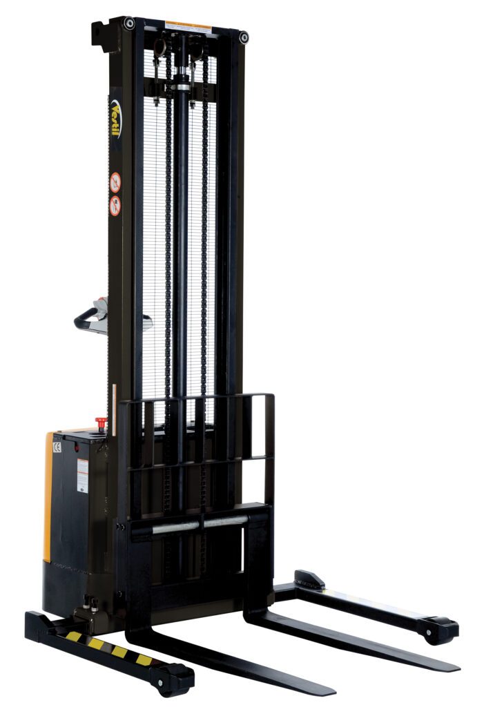 S-150-AA_A.jpg The Vestil Adjust Powered Lift Stacker 150In Raised is an electric pallet stacker with a 150-inch mast, two base forks, a control handle, and safety labels. Primarily black with yellow accents, its ideal for lifting and transporting pallets in warehouses.