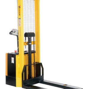 The Vestil Fixed Powered Lift Stacker 62 In Raised has a yellow-black design, long forks, and a safety mesh guard. Its control handle efficiently raises pallets to 62 inches for lifting and transportation in warehouses or industrial settings.