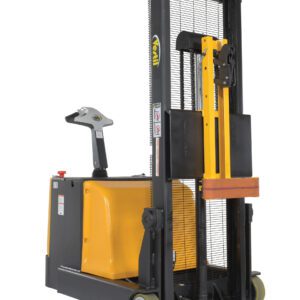 A yellow and black electric pallet stacker with a handle, control panel, wheels, vertical lift mechanism, and protective mesh. Perfect for lifting pallets with the precision of a Vestil Counter Balanced Drum Lifter Single Grip.
