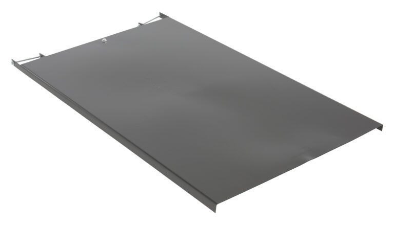 The Vestil Optional Removable Platform 46X28X2 is a flat, rectangular grey metal panel with a smooth, glossy surface and slightly raised edges. It includes a small bolt near one end and is elegantly displayed against a white background.
