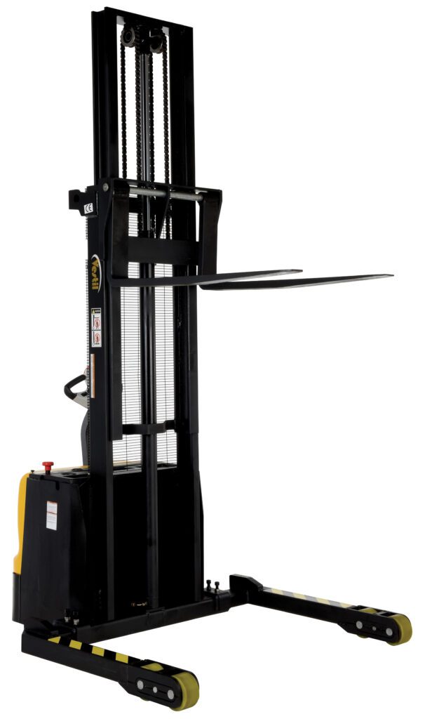 The black and yellow Vestil Stacker Double Mast 62 In Adjustable 3K is an electric forklift stacker with extended forks, a vertical mast with metal chains, and a side control handle. It includes wheels at the base for easy mobility.