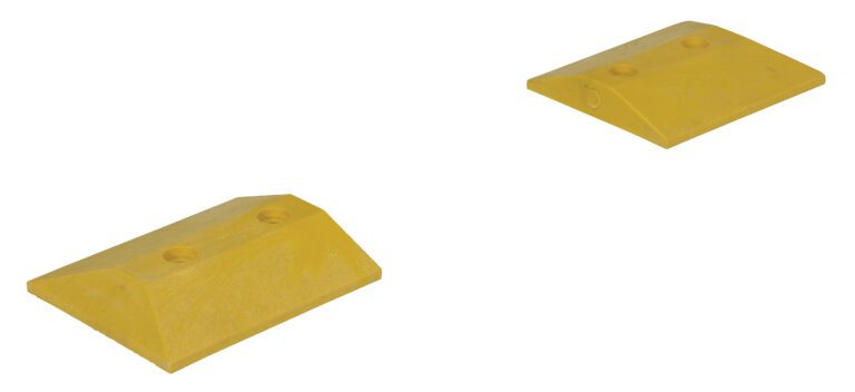 Two yellow rubber wheel chocks, similar to Vestil End Caps For Standard Speed Bumps, are displayed against a white background. Each wedge-shaped chock has a sloped surface to prevent vehicle movement and features holes for secure placement.