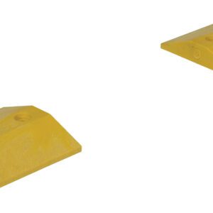 Two yellow rubber wheel chocks, similar to Vestil End Caps For Standard Speed Bumps, are displayed against a white background. Each wedge-shaped chock has a sloped surface to prevent vehicle movement and features holes for secure placement.